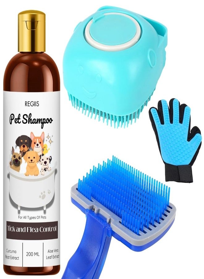 REGIIS Pet Grooming Kit with Tick & Flea Control Shampoo, Bath Brush, Grooming Glove & Slicker(Pack of 4) - Image 1